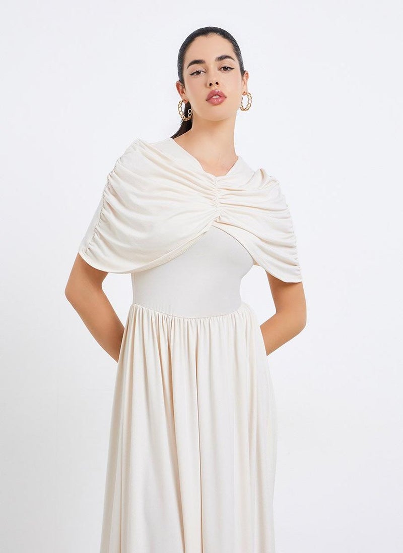 Styli Women Beige Gathered Shawl Maxi Dress - Image 1